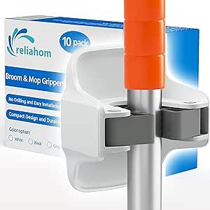 reliahom 10 Pack Broom Holder Wall Mount Mop Grippers No Drilling Self Adhesive Anti-Slip Mop Handle Hanger Dustpan and Broom Organizer Garage Storage Racks-White