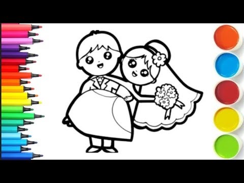 Bride and groom drawing and colouring step by step for kids and beginners