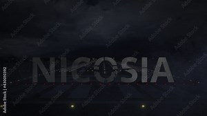 Commercial plane taking off from the airport runway and NICOSIA text, 3d animation