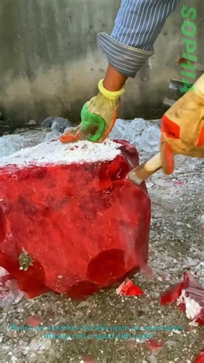 Giant Red Crystal Being Smashed—What’s Inside This Massive Gem?