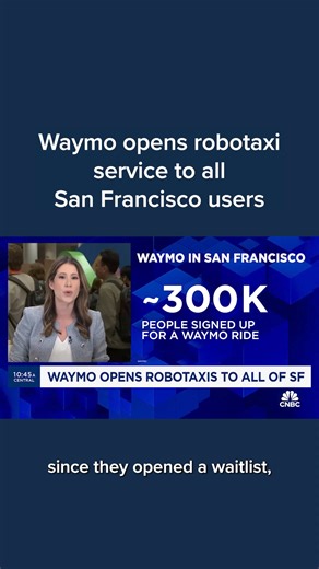 72K views · 265 reactions | Waymo robotaxis are now open to all users in San Francisco, expanding the self-driving ride-hailing service, which has been available in the city to a limited number of riders. In a blog post on Tuesday, Waymo said nearly 300,000 people have signed up for the service, called Waymo One, since the Alphabet-owned company opened its waitlist. The company began commercial passenger operations in August after a period of testing. | CNBC | Facebook