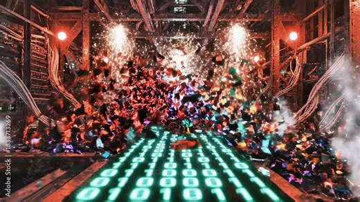 Abstract digital journey through a data stream with binary code path and bursts