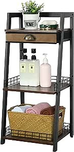 keomaisyto 3-Tier Bathroom Shelves with Canvas Drawer, Floor Bathroom Storage Shelf, Small Storage Stand Rack, Freestanding Ladder Shelf for Living Room Bedroom, Rustic Brown