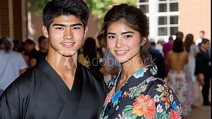 A vibrant summer festival features a young couple dressed in beautiful traditional attire, surrounded by a joyful crowd enjoying the celebrations together.