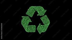 Recycling symbol composed of green leaves rotates on a transparent background. Seamless looped 3d rendering animation with alpha channel