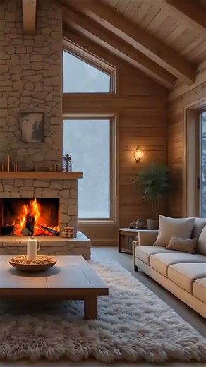Cozy Winter Cabin Living Room ❄️ | Relaxing Fireplace & Snowy Forest View