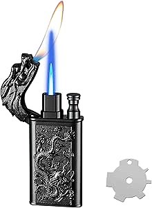 Torch Lighter, Relief Dragon Design Magic Dual Flame Lighter with Adjusting Flames Tool, Creative Windproof Lighters, Cool Jet Flame Butane Lighter-s, Refillable Butane Lighters for Outdoor Indoor