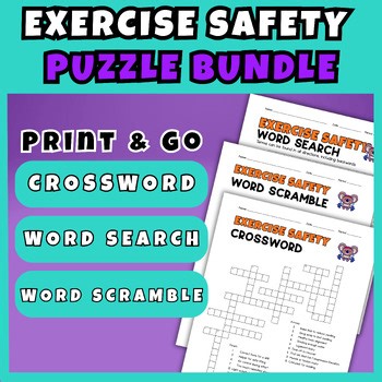 PE Health Exercise Safety Worksheets Bundle Puzzles Crossword Word Search 6 7 8