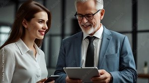 Teach, senior and businessman with woman and tablet with internet for online work for training on sales target or skills. Employee, manager or leader with information technology for development