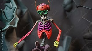 Generative AI animation of a skeleton djing with turntables in a cemetery at night. Funny halloween background.