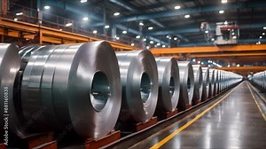 Galvanized sheet steel coils in a factory setting for industrial use. Concept Galvanized Coils, Steel Manufacturing, Factory Setting, Industrial Use
