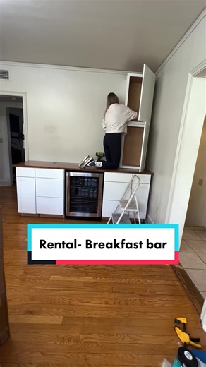 Adding a breakfast bar and cabinets to my rental dining room. Using storage solutions from @revashelf for organization! #sponsored #breakfastbar #coffeebar #kitchenorganization #organizedhome #revashelf