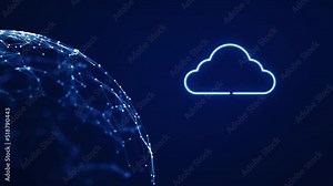 Cloud and edge computing technology concepts. Interconnected polygons within a large cloud icon stand out on the right and the abstract world on the left moves slowly on a dark blue background.