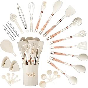 Silicone Cooking Utensils Set - 446°F Heat Resistant Kitchen Utensils,Turner,Tongs,Spatula,Spoon,Brush,Whisk,Kitchen Utensil Gadgets Tools Set for Nonstick Cookware,Dishwasher Safe (BPA Free)