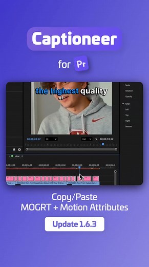 2.7K views · 11 reactions | Save 25% with code CYBER UPDATE: Captioneer 1.6.3 can now Copy + Paste Motion Attributes! Copy MOGRT style and all Transform Properties in one-click: Position, Anchor Point, Scale, Rotation https://aescripts.com/captioneer #PremierePro #aescripts #captioneer | aescripts | Facebook