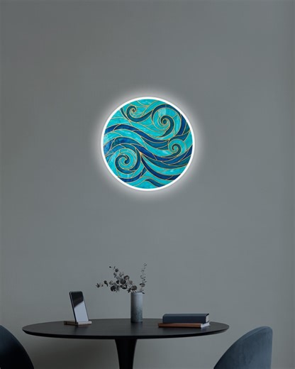 Ocean Wave Mandala Wall Art – UV Printed Blue Round Panel – Swirling Sea Pattern With Gold Accents for Coastal & Nautical Decor - Etsy