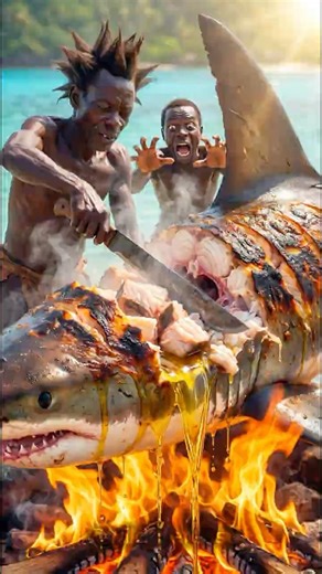 Tribal Food War: Greedy vs. Fierce Chef - Roasted Shark Jungle Feast 🦈 #shortsviral