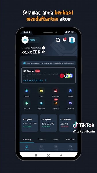 1. Download aplikasi Indodax Bukak Play Store utawa App Store, goleki Indodax, terus install. 2. Klik “Daftar” lan isi data pribadimu Jeneng lengkap (sesuai KTP) Email aktif Nomor HP Password (sing kuat) Masukkan kode referal : AhmadRafli1204 supaya langsung terhubung 3. Verifikasi Email lan HP Cek email kanggo tautan verifikasi. Masukkan kode OTP saka SMS 4. Upload dokumen verifikasi (KYC) Foto KTP Foto selfie karo KTP tulisan tangan: “Daftar Indodax [tanggal]” 5. Tunggu verifikasi Biasane mung