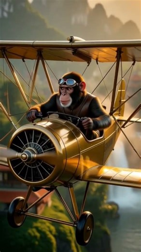 “Monkey Becomes a Pilot?! Flying a Golden Plane Over Waterfalls!”#Shorts #MonkeyShorts #FunnyShorts