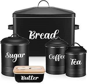 Teenyyou Extra Large Bread Box for Kitchen Counter Farmhouse, Metal Bread Bin and Ceramic Butter Dish with Lid and Knife, 3 Airtight Rustic Canister Containers Set for Sugar Coffee Tea(Balck)