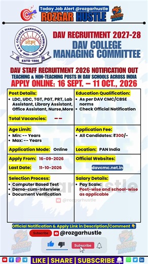 DAV Staff Recruitment 2026 Notification Out | DAV School Staff Vacancy 2026 | LDC, UDC, PGT, PRT Job