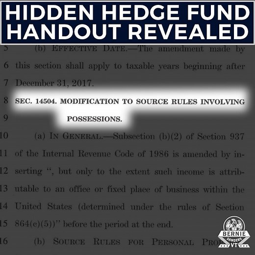 5.3M views · 84K reactions | Maybe I missed it, but I don't remember the need to provide tax breaks to wealthy hedge fund managers in the Virgin Islands being one of our nation's pressing crises. Yet that's exactly what Section 14504 of the GOP bill does. | U.S. Senator Bernie Sanders | Facebook