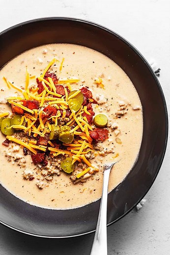 618K views · 76 reactions | This creamy keto bacon cheeseburger soup with pickles is ready in under 30 minutes. A family friendly soup that tastes just like a cheeseburger! Printable Recipe: https://jenniferbanz.com/keto-bacon-cheeseburger-soup | Low Carb Recipes with Jennifer | Facebook
