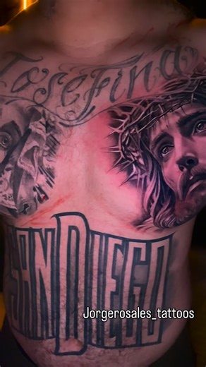 Jorge Rosales on Instagram: "Chipping away at the homie @___gabinobarrera chest, still need to finish the middle and around script another artist did, I did not do the San Diego on his stomach #jorgerosalestattoos#sandiegotattooartist#jesusportrait#jesus#fyp"