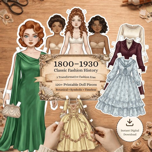 Historical Paper Doll Printable, 1800-1930 Fashion History BJD Style Dress up Doll, Gothic Victorian Junk Journal Clipart, Gift for Girl DIY - Etsy