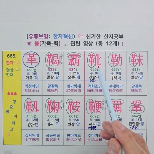 665.가죽 혁. 관련 한자(총 12개). 신개념 한자 소리로 외우는 특별한 방법