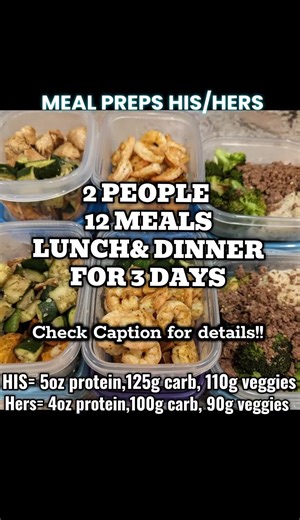 This is how we keep meal prep simple, clean, and consistent for two people without overcomplicating it. Step 1: Pick your protein. This week it’s shrimp, lean ground beef, and grilled chicken. I portion 5 oz per meal, she gets 4 oz . Just enough to fit each of our goals. Step 2: Pick your carb or starch. Jasmine rice and sweet potatoes for steady energy and recovery. I take 125 g per meal, she gets 100 g Small difference, big impact. Step 3: Pick your veggies. Zucchini and broccoli for fiber, fu