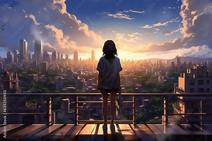 back view of anime woman in japan landscape in anime illustration style, 4K animated background