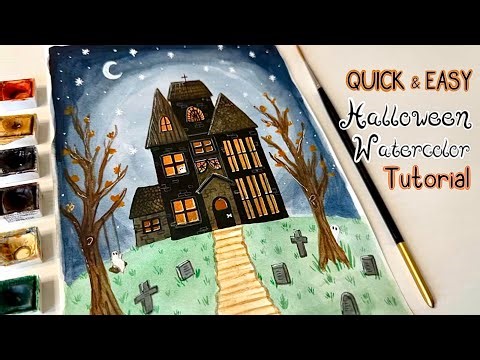 Easy Halloween Watercolor Tutorial 👻 / Quick and Easy Halloween painting / Halloween Haunted House