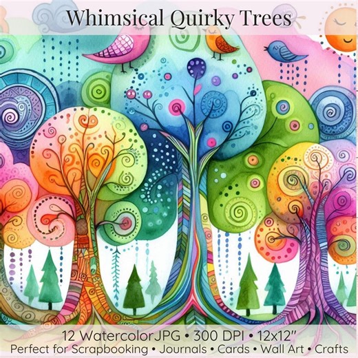 Playful Whimsical Trees Clipart – 12 Unique Watercolor Fantasy Tree JPG Digital Papers for Scrapbooking/card Making/junk Journals & Wall Art - Etsy
