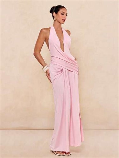 Lumalex Blush Pink Halter Maxi Dress With Deep Plunge Neckline Invisible Support Insert Draped Wrap Waist Detail Statement Metal Decor High Thigh Slit And Open Back Tie Closure In Fluid Body-Skimming Silhouette, Goddess Dress, Perfect For Summer, Vacation, Holiday, Spring-Break Trips, Cruises, Beach Weekends, Vacations, Parties, Date Nights, Honey Moon, Weddings, Proms, Banquets, Birthdays, Carnivals, Festivals, And Other Holiday Events, Boho-Casual Flair, Quiet Luxury, Business Chic, And Relaxe