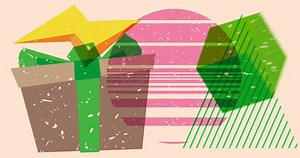 Risograph gift box with geometric shapes animation. Moving holiday object in trendy riso graph design video.