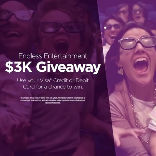 It's your last chance to win big!   This month, eligible Visa Credit or Debit Card purchases on entertainment services will automatically enter you for a chance to win $3,000. Binge your favorite show, jam out to your favorite artist, or attend that big event-- with a shot at a major cash prize. Visit us online for official rules and free entry method: https://bit.ly/4kRlrjL | Advia Credit Union | Facebook