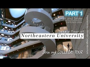 Campus Tour Northeastern University Boston MA in cold snow day, campus building walling tour