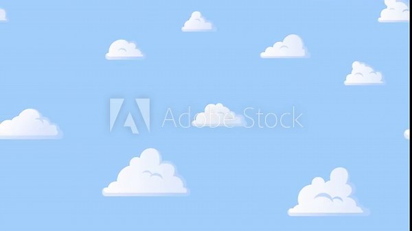 Cartoon clouds floating on the blue sky background. Seamless looping animation.