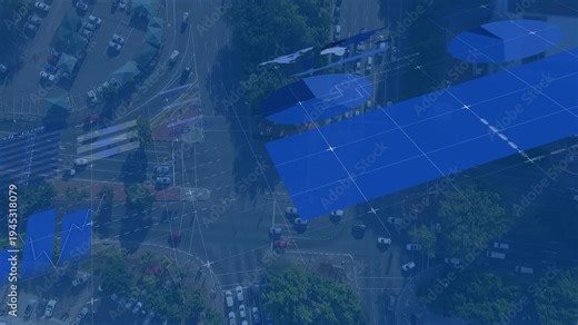 Blue overlay sweeping across aerial intersection, triggered by grid markers, tracking vehicle flow