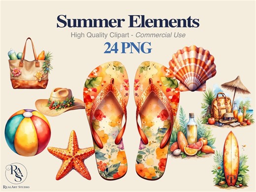 Summer Elements PNG Bundle, Beach Png, Vacation Png, Clipart Png, Watercolor PNG Commercial Use Digital Download - Etsy