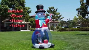 Two Christmas Inflatable Decorations Bundle: 4ft Snowman Snowflake Snow Globe & 8ft Snowman Globe with Penguin & Gift Box Christmas Tree Blowup