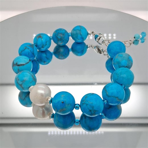 Howlite Beaded Bracelet - Turquoise Blue Gemstone Bracelet - Premium Unique Piece - Genuine White Pearl Bracelet - Pure 925 Silver - Etsy