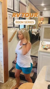 RV TOUR Room Series - Dining Room The third room on our room series is our tiny dining room. ✨We have a table that had a leaf that pops up for more space. We sanded it down and stained it much lighter. ✨We changed out the chairs and added the barstools for when we have visitors✨ Took off the valances around windows and slide. Added new shades. ✨Added a pop of color with the @roommatesdecor wallpaper ✨Added an IKEA cabinet for my office supplies and a basket under the table for my teaching suppli