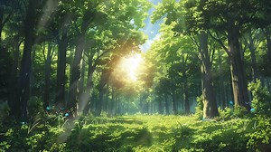 sun rays through the forest. Japanese anime illustration painting style