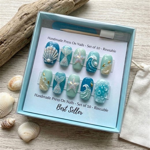 Mermaidcore Press on Nails | 3D Sea Shell & Starfish Summer Nails | Ocean Wave Teal Aqua Reusable Nails | Beach Theme Handmade Gift - Etsy
