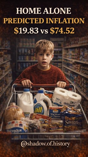 Shadow History on Instagram: "One of the most overlooked moments in Home Alone is also one of the most painful lessons in modern economics. When Kevin McCallister buys groceries in 1990, his total comes to $19.83—and that number was completely accurate for the time. Milk, bread, detergent, toilet paper, mac & cheese, snacks… all everyday essentials, no luxury items. That same grocery list today tells a very different story. Since 1990, U.S. grocery prices have increased by nearly 250%. What cost