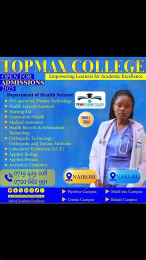 INTAKE IN PROGRESS 𝐖𝐞 𝐎𝐟𝐟𝐞𝐫: 🔹 Health Science Courses: Peri-operative Theater Technology | Health Support Assistant | Nursing Aid | Community Health | Medical Assistance | Health Records & Information Technology | Orthopedic & Trauma Medicine | Lab Technician S.L.T | Applied Biology | Applied Physics | Analytical Chemistry 🔹 Flexible Modes of Study: Full-time | Part-time | Remote Distance Learning | Online Virtual Learning Why Study With Us? ✅ Study in Kenya, Work Abroad – partnerships 