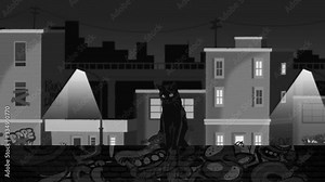 Black cat on a wall full of graffiti. ghetto street, downtown full of garbage and boarded houses, 2D animation