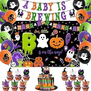Halloween Baby Shower Decorations - A Baby is Brewing Banner, Latex Balloons, Cake Toppers & Little Boo Backdrop for Halloween Theme Party